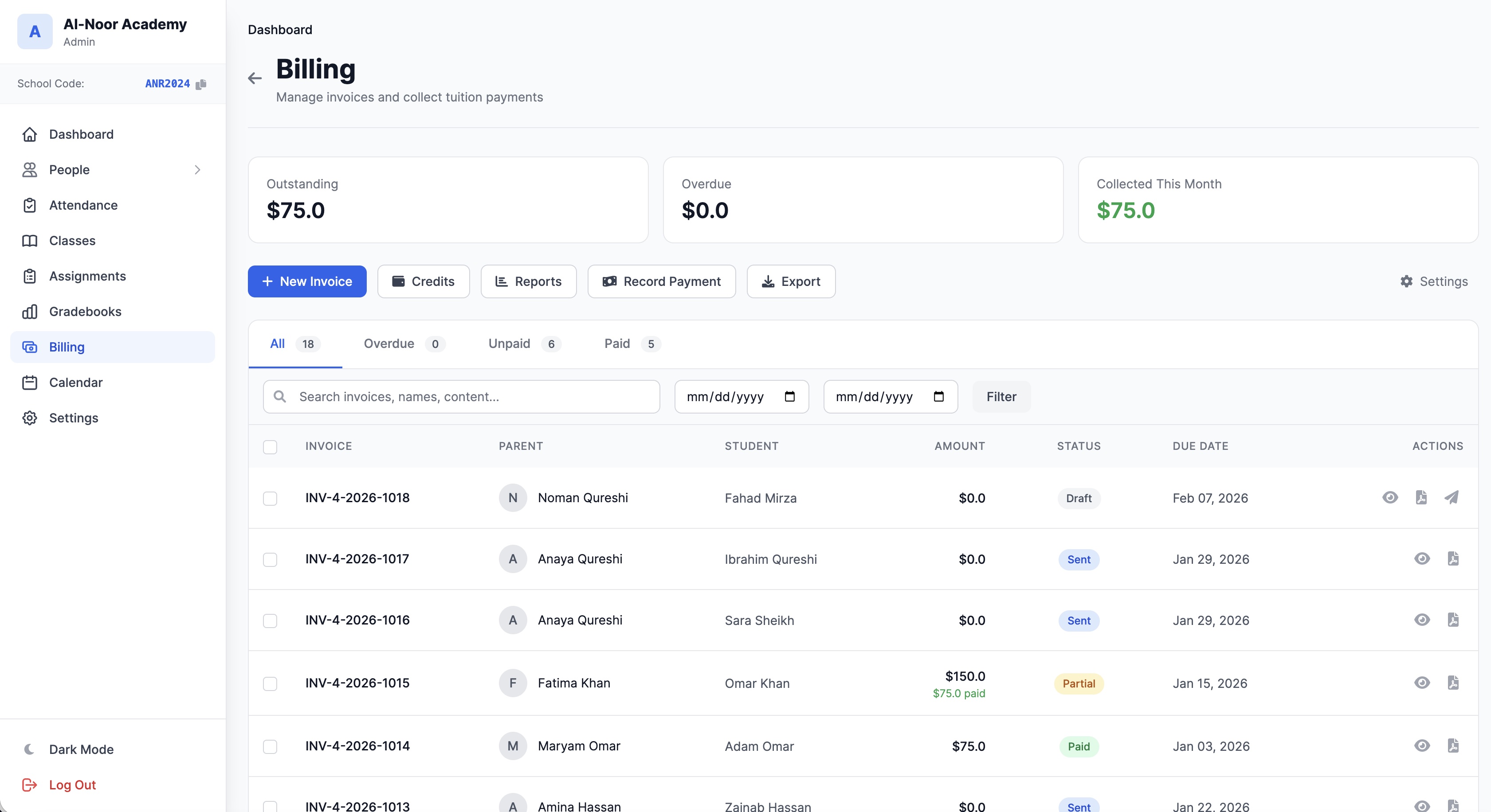MarkTrack Billing Dashboard