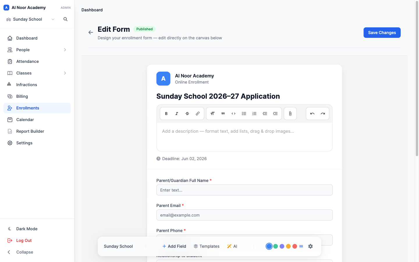 MarkTrack enrollment form builder with live preview